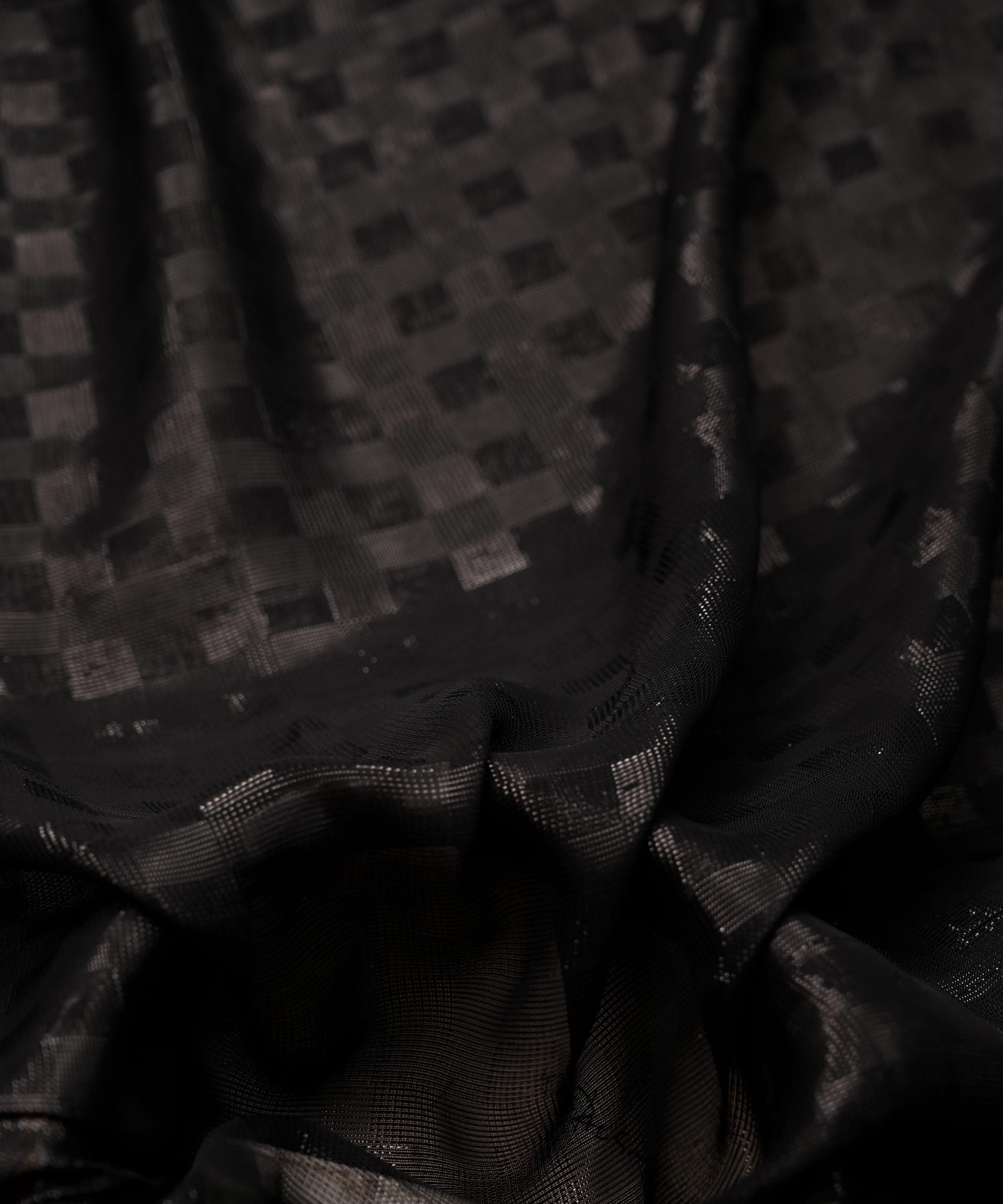 Black Georgette Fabric with Zari Stripes and Satin Border