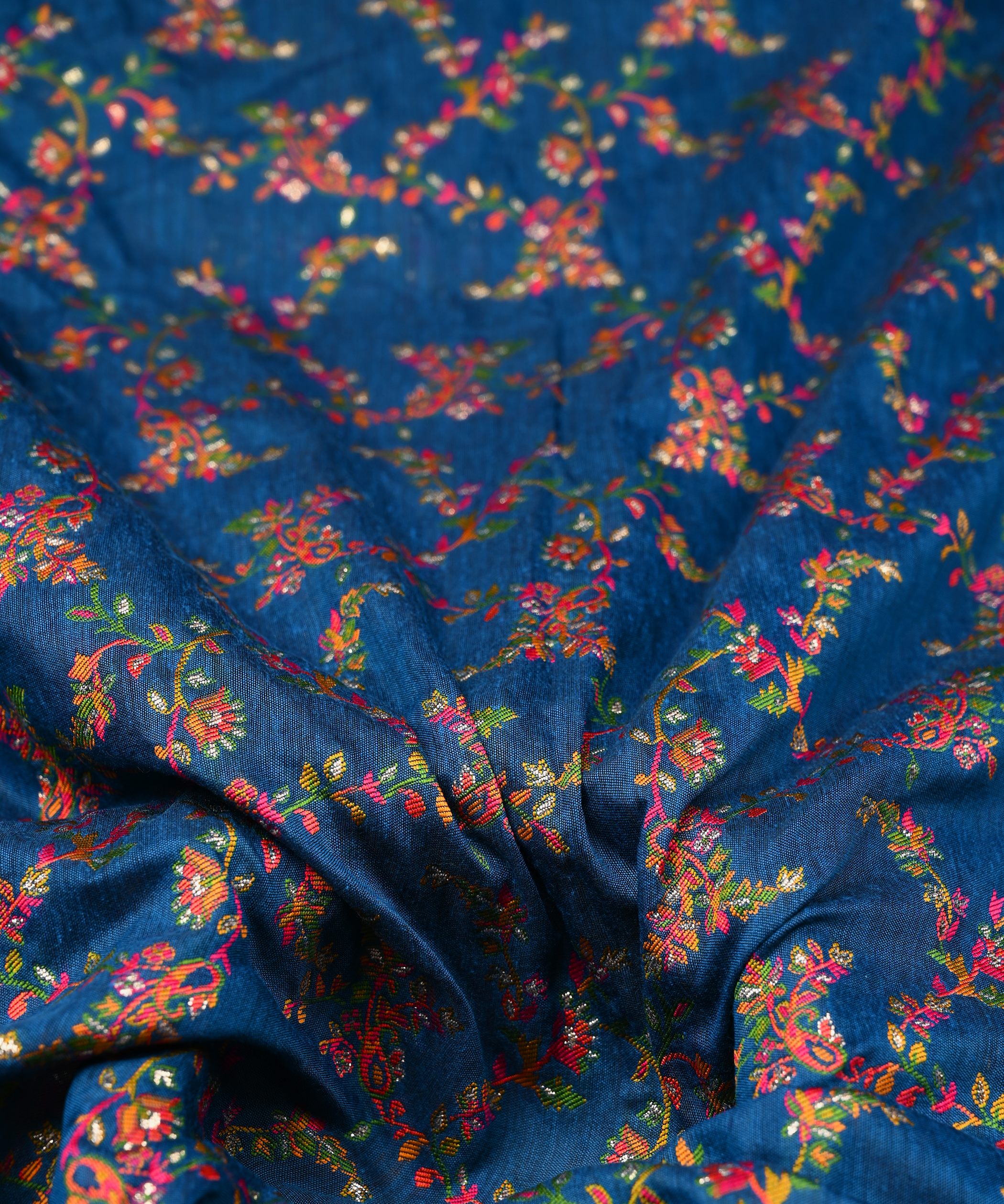 Dark teal Pure Chanderi Flower Vines Jacquard Fabric