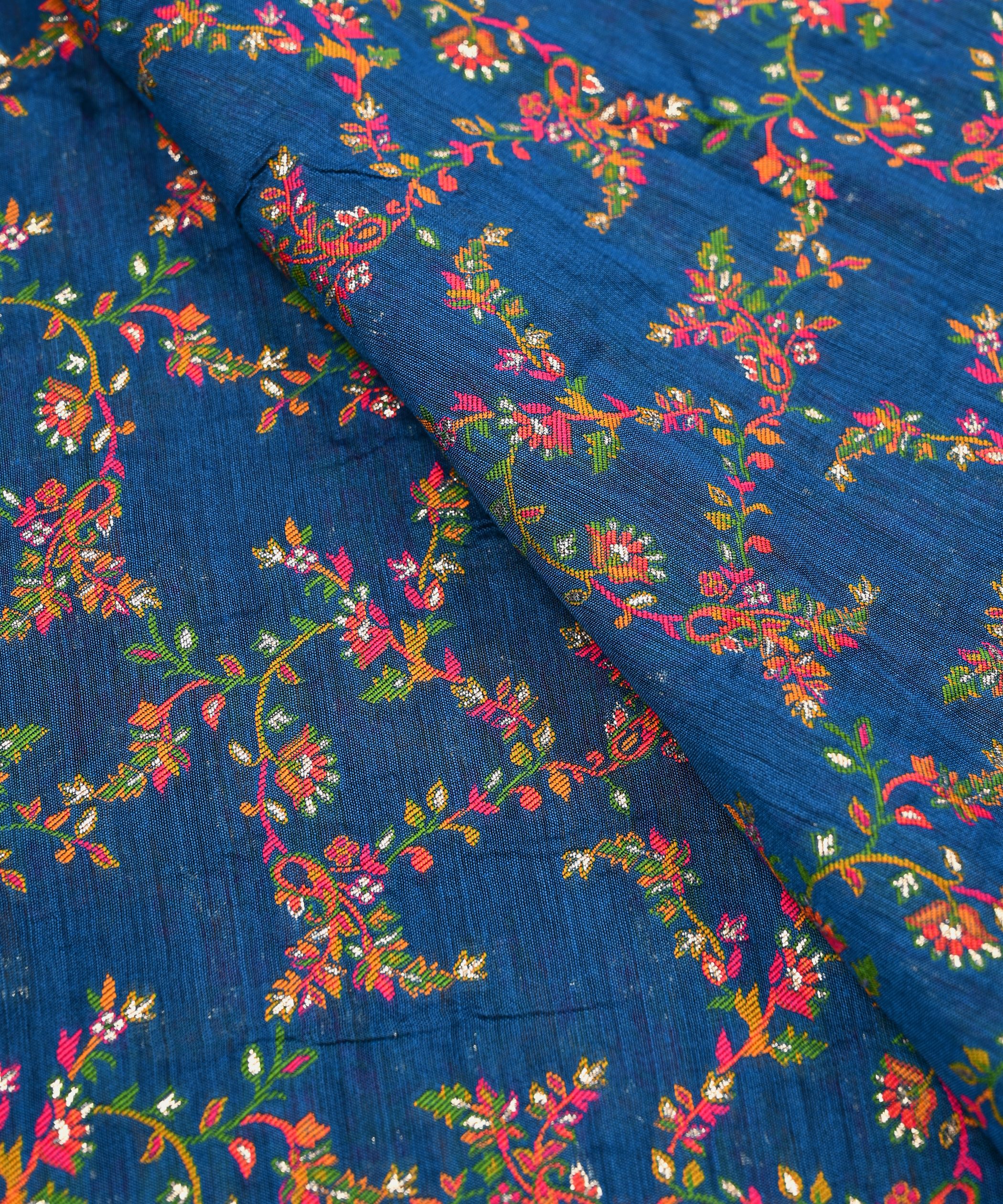 Dark teal Pure Chanderi Flower Vines Jacquard Fabric