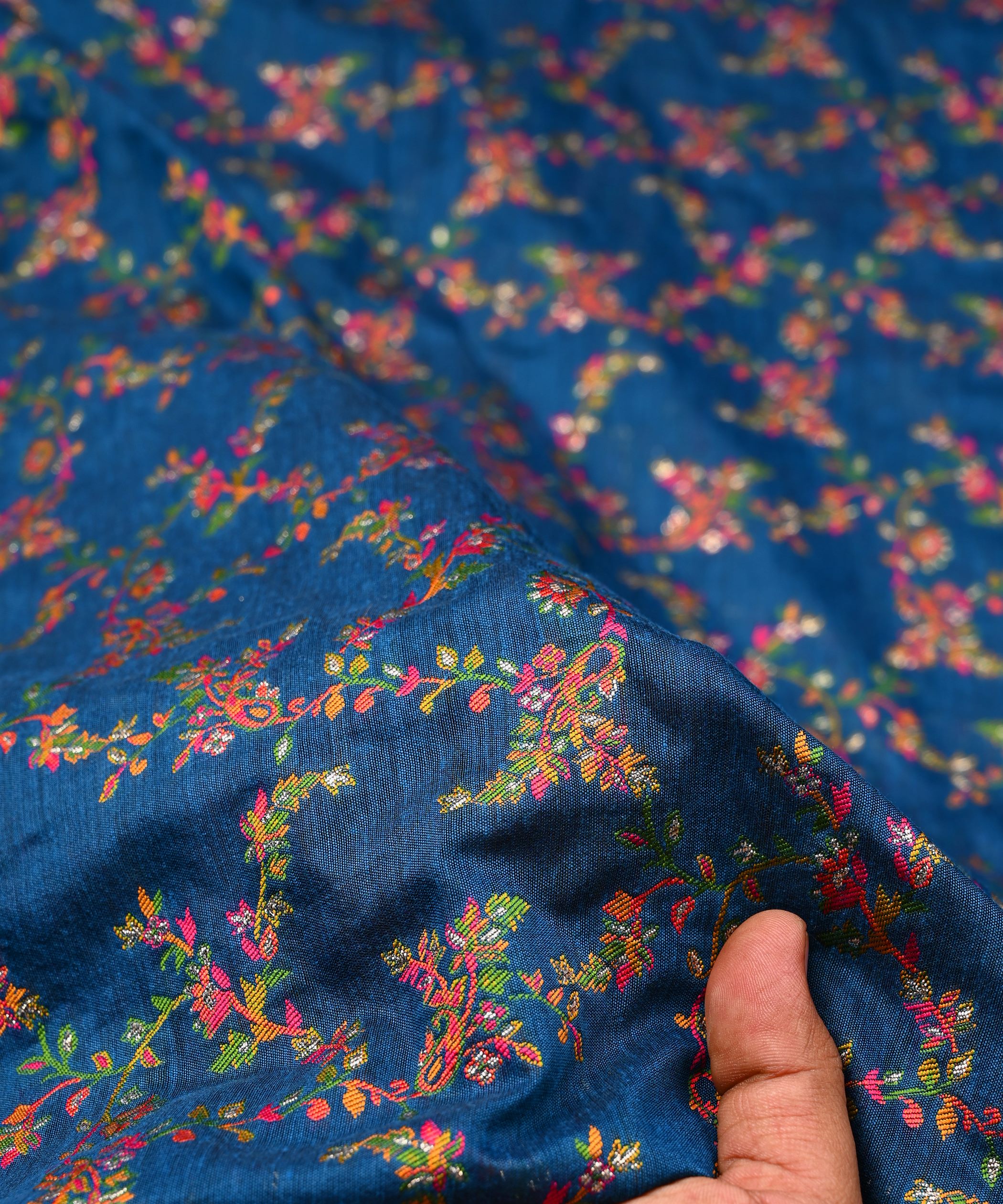 Dark teal Pure Chanderi Flower Vines Jacquard Fabric