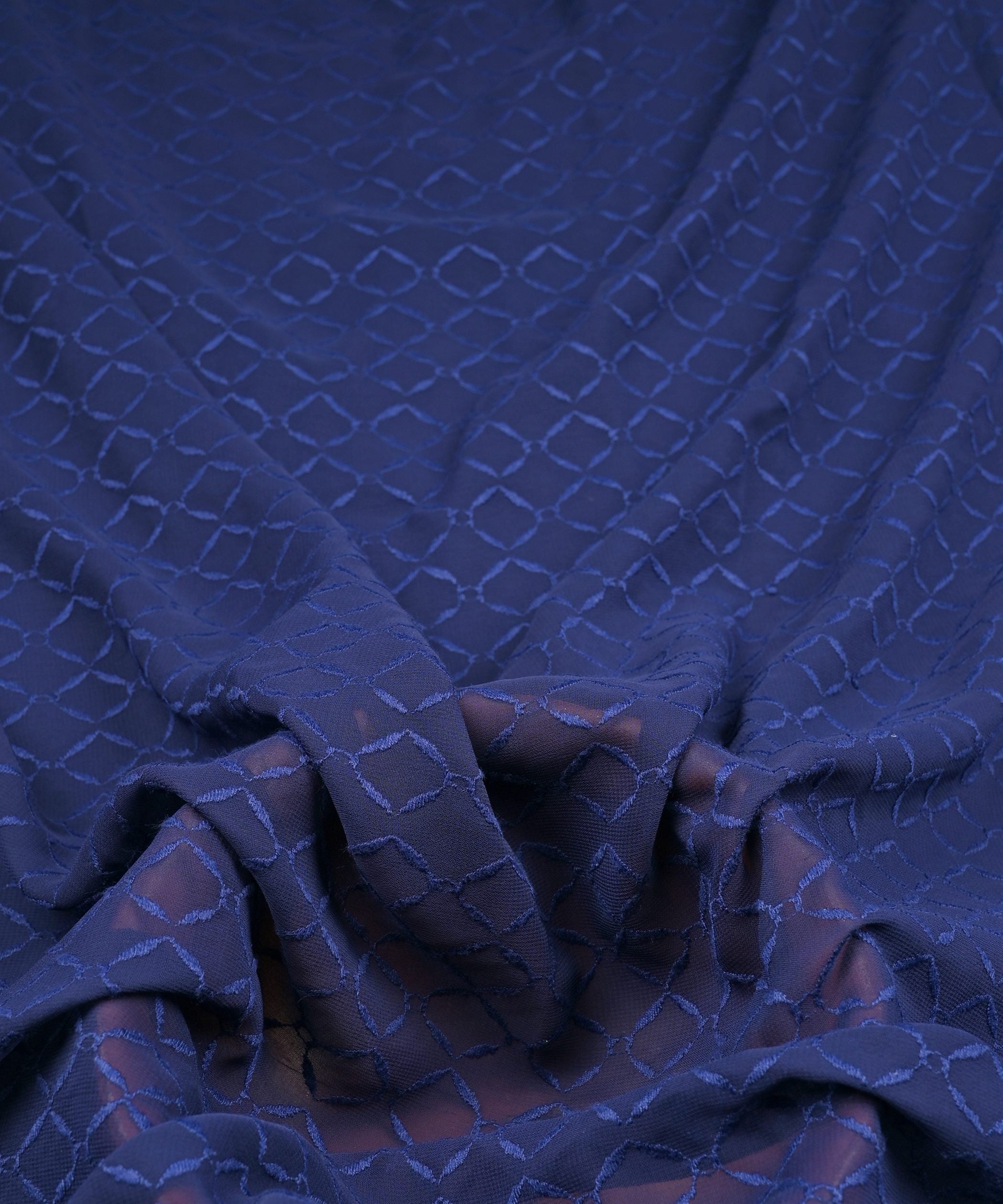 Navy Blue Georgette Fabric with Embroidery