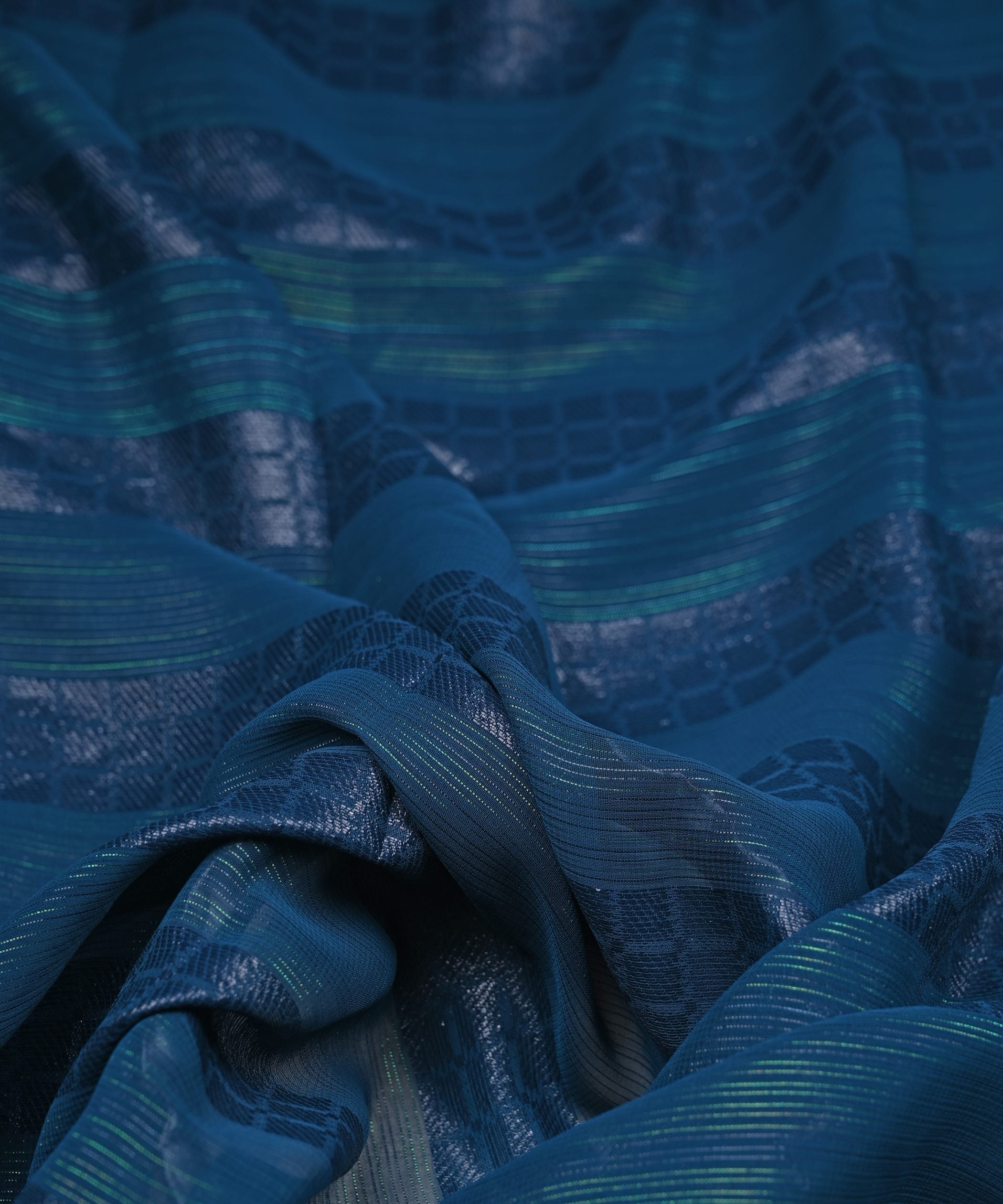 Teal Georgette Fabric with Zari Checks Lining