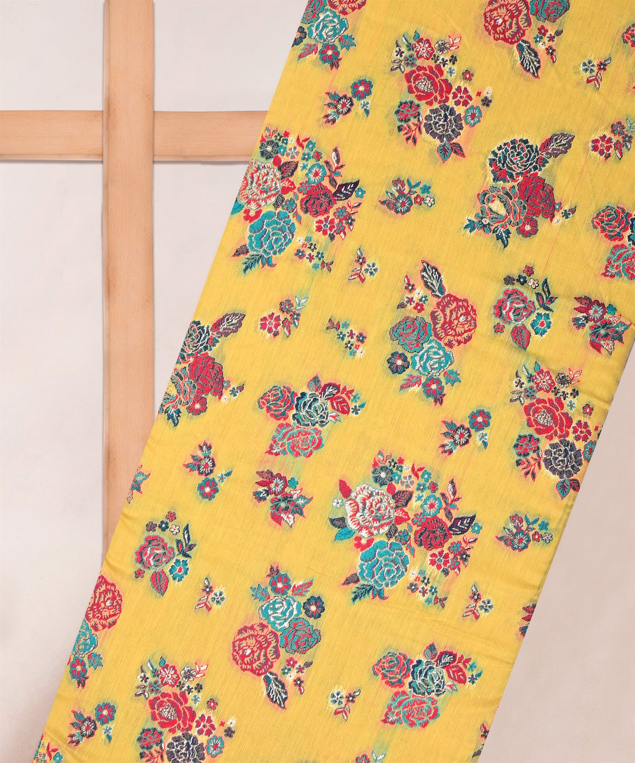 Lemon Yellow Pure Chanderi Flower Bunch Jacquard Fabric