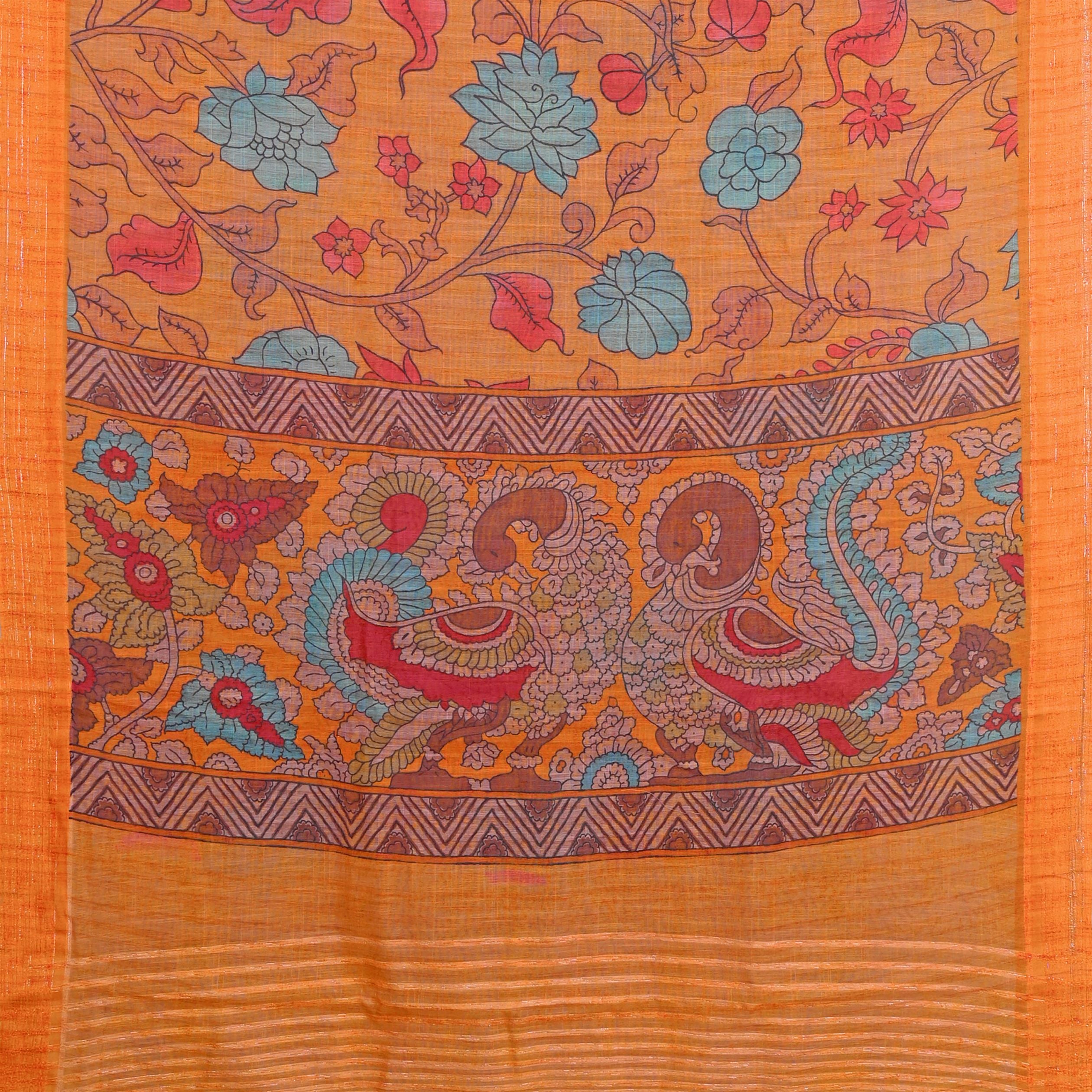 Orange Digital Printed Linen Dupatta with Velvet Jari