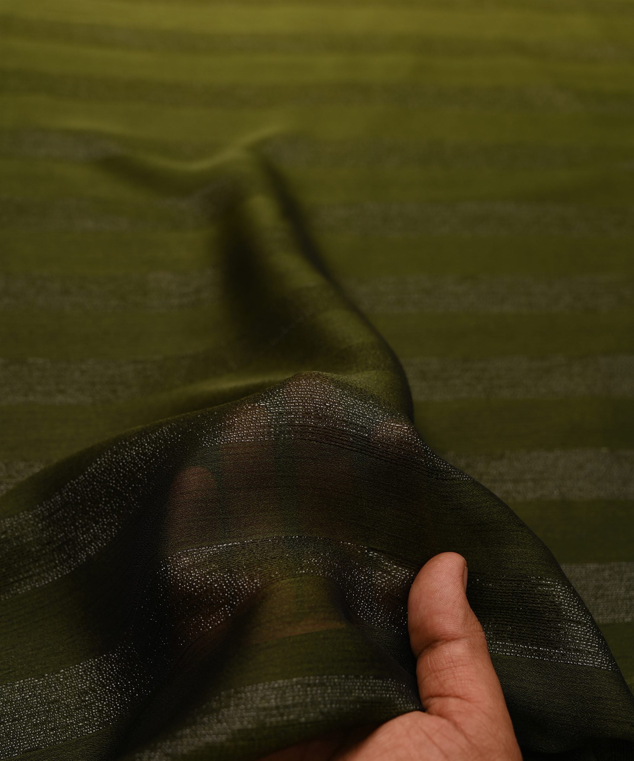 Olive Green Ombre Shaded Chiffon Fabric with Zari Patta