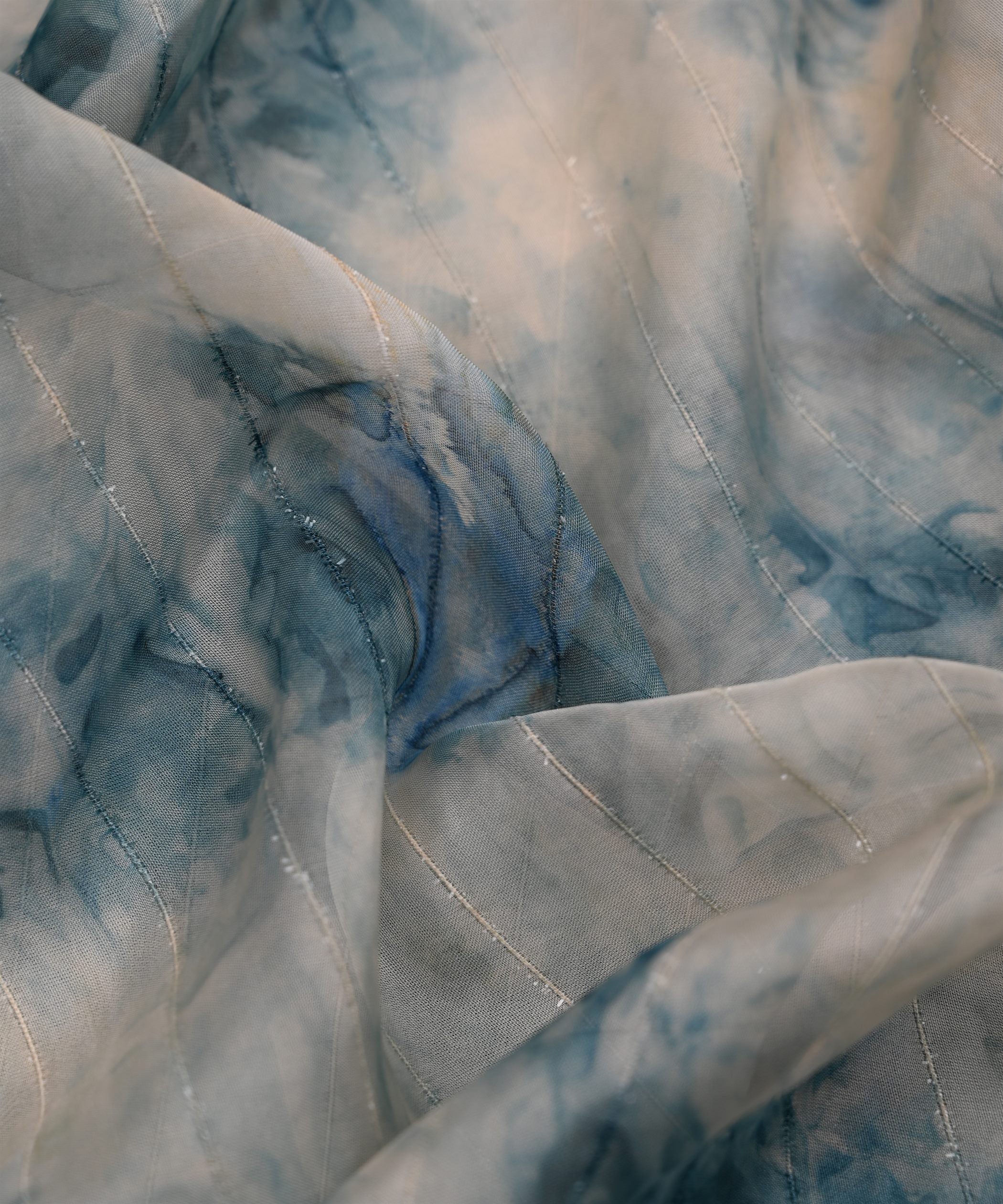 Denim Blue Tie and Dye Organza Fabric with Fur Lining