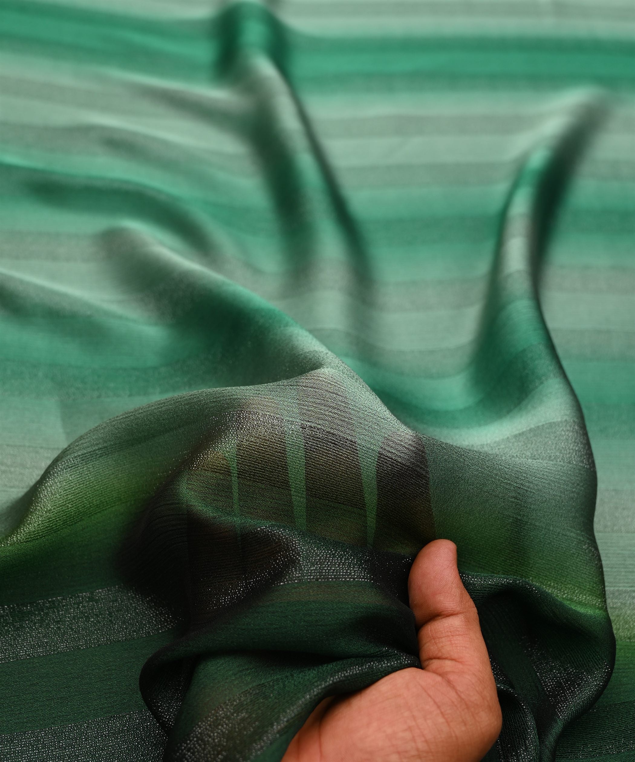 Dark Green Shaded Chiffon Fabric with Zari Patta