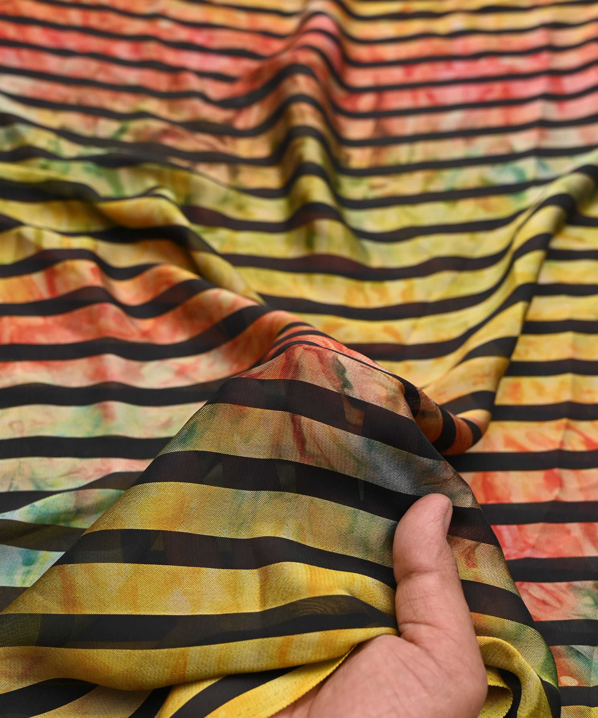 Yellow Tie and Dye Georgette Fabric with Zebra Stripes