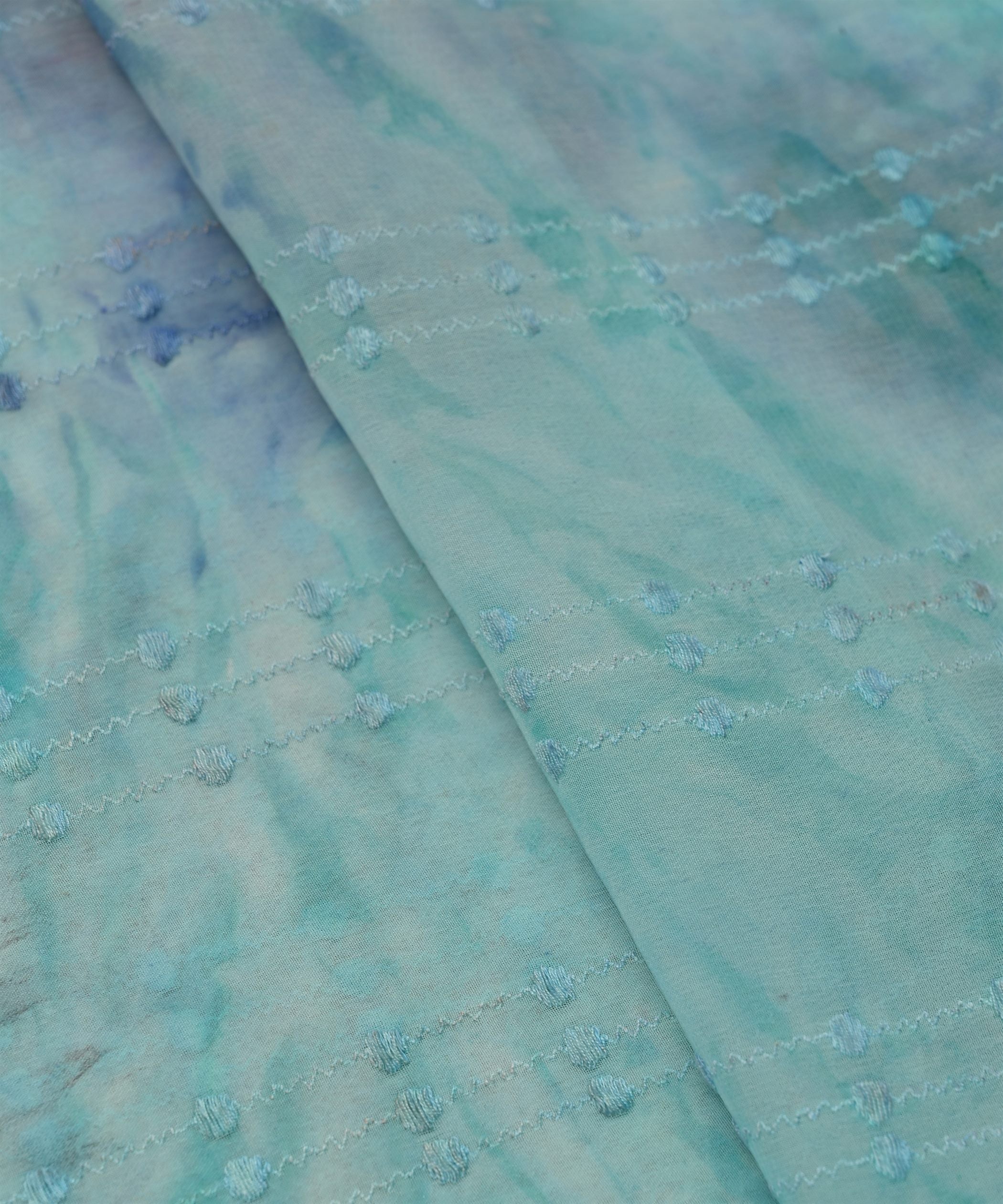 Blue Tie and Dye Weightless Fabric with Thread Lines