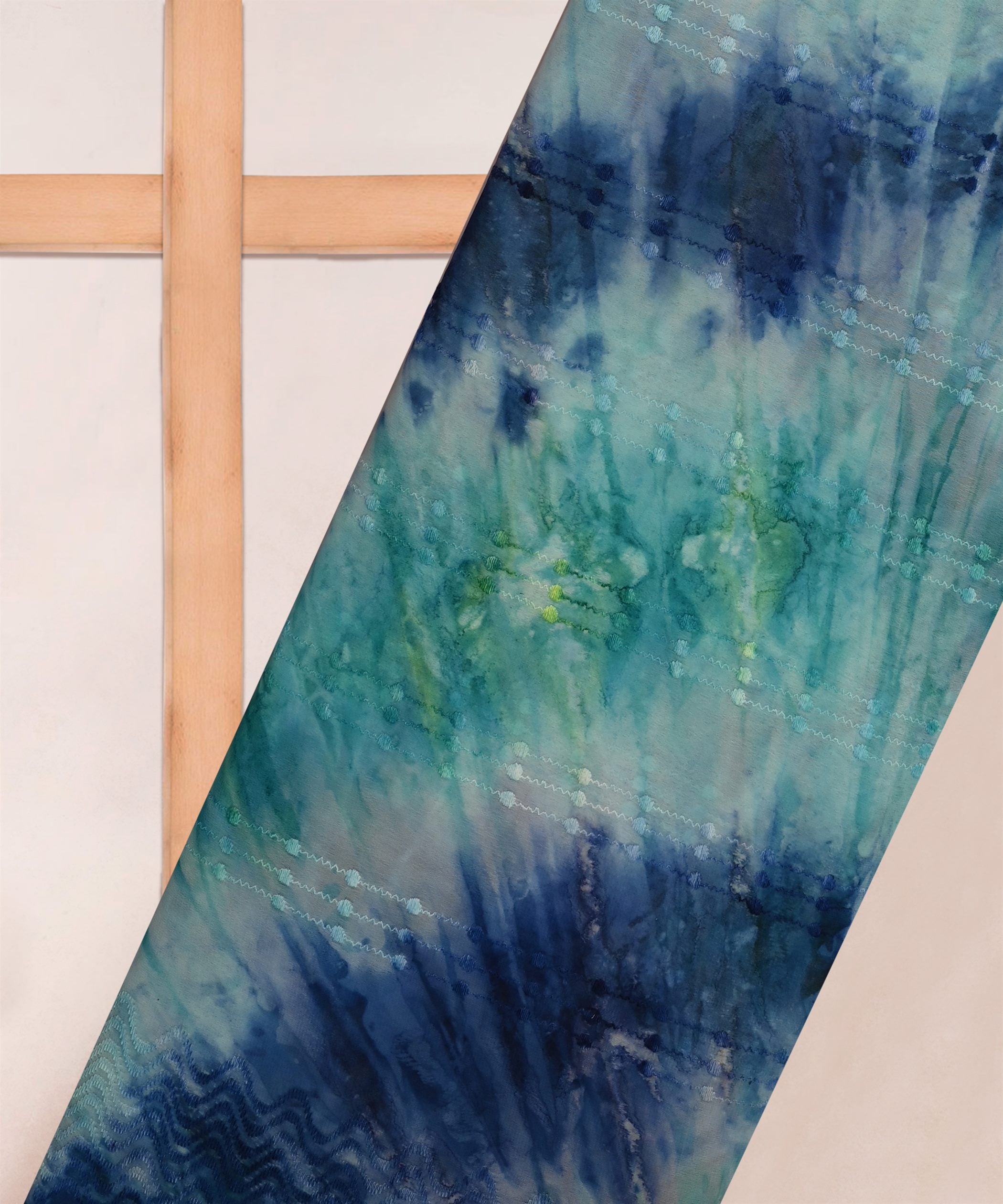 Blue Tie and Dye Weightless Fabric with Thread Lines